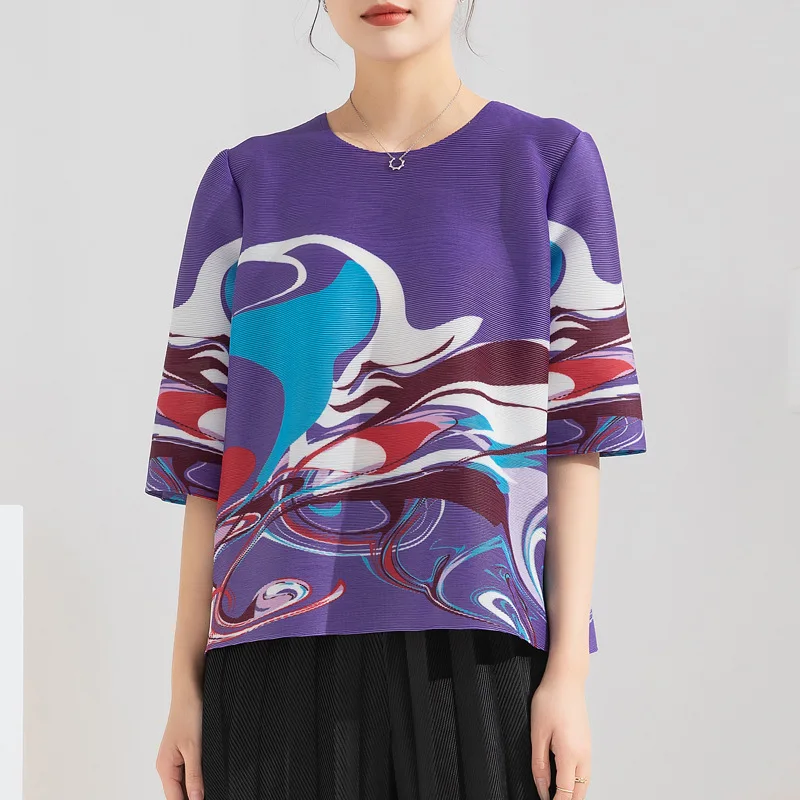 MIYAKE Pleated Style Large Pullover Round Neck Top Spring/Summer New Print Loose and Slim Folding Short T-shirt [20221091]