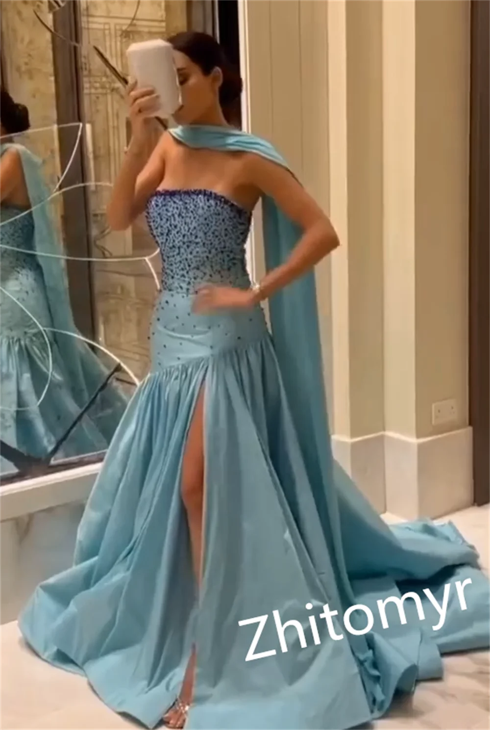 Exquisite Customized Strapless A-line Sweep/Brush Prom Dresses Paillette / Sequins Beading Satin Evening luxury dress