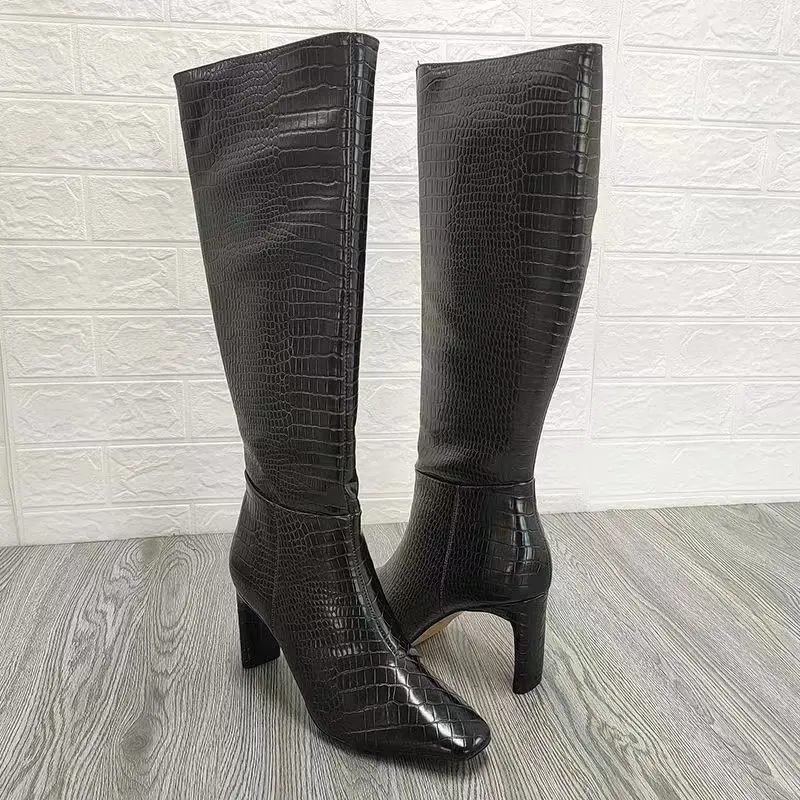 Crocodile Pattern PU Leather Boots for Women, European and American Fashion, Square Toe, High Heels, Thick Heels, Long Boots, La