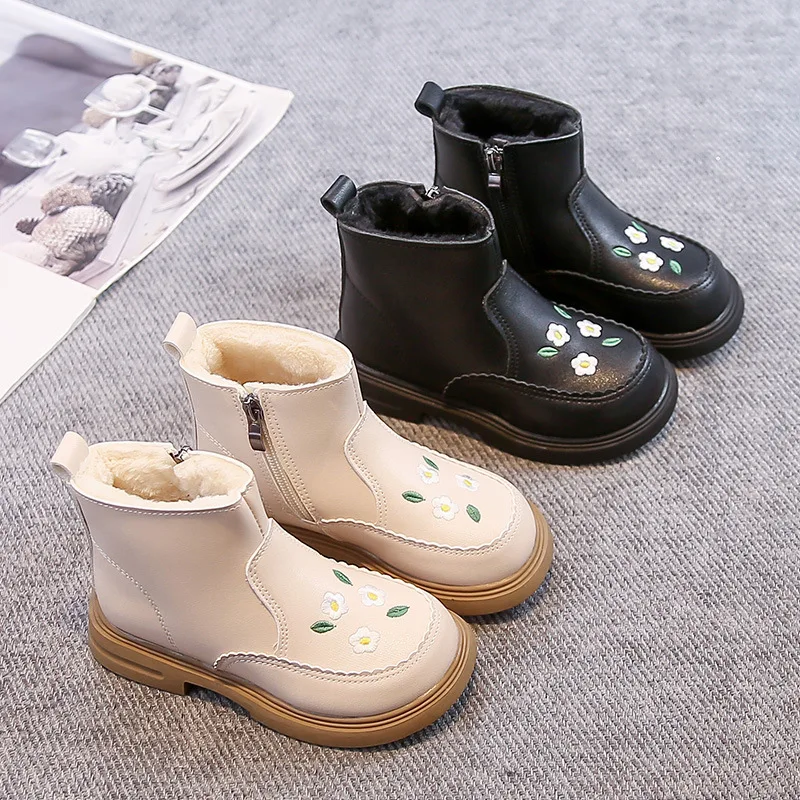 Children's S Fashion Floral Embroidered Ankle Boots - Side Zip Round Toe Girls Boot Winter Shoe for Girl Kids Botas Para Niñas