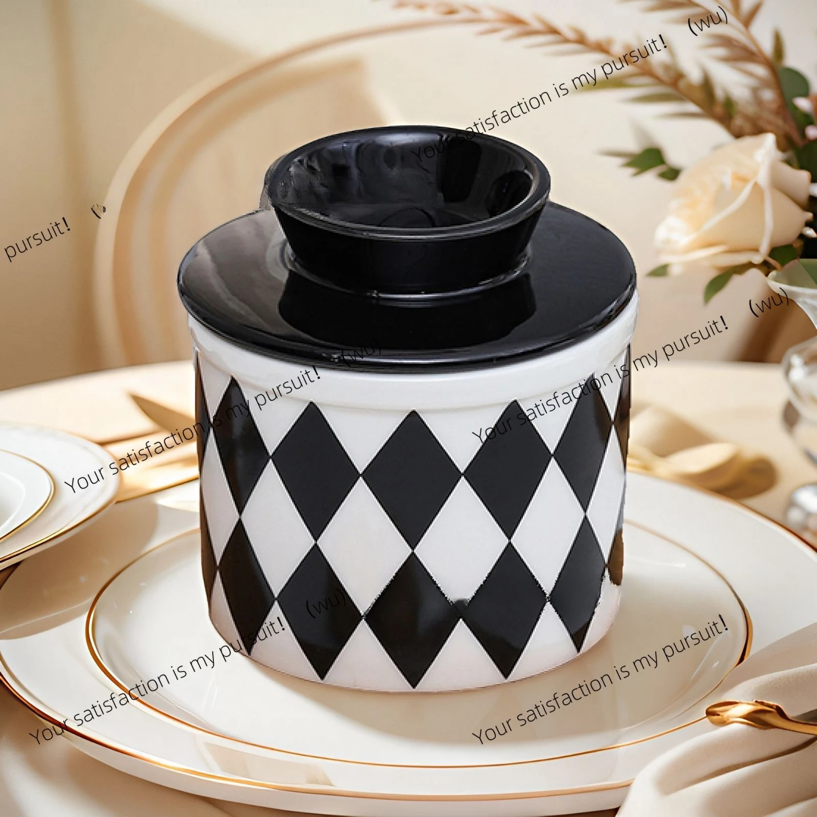 Simple style, rhombus plaid butter jar, black and white checkerboard butter preservation jar