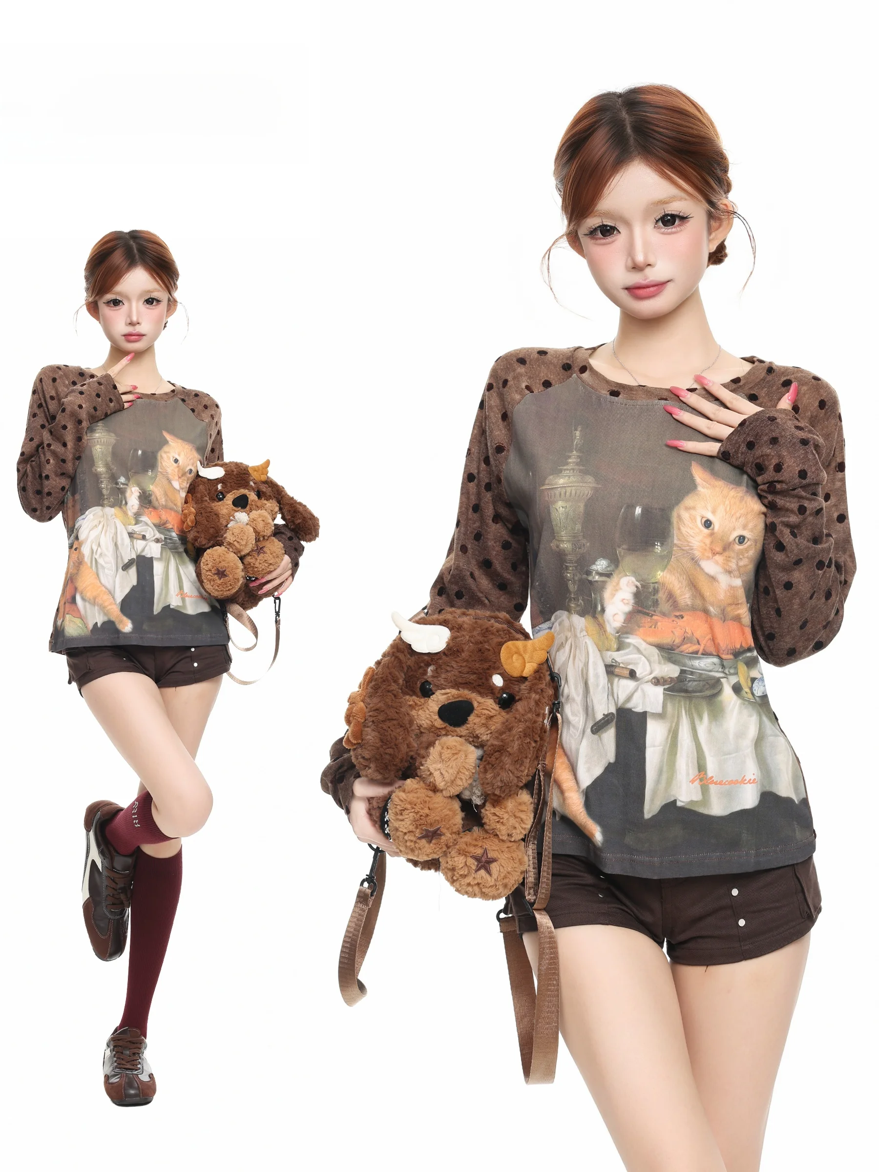 BASTERDS  Print Polka Dot Long Sleeve T-Shirt Women Loose Slim Fit Base Shirt Top Vintage Style Creative Pattern Cotton Blend