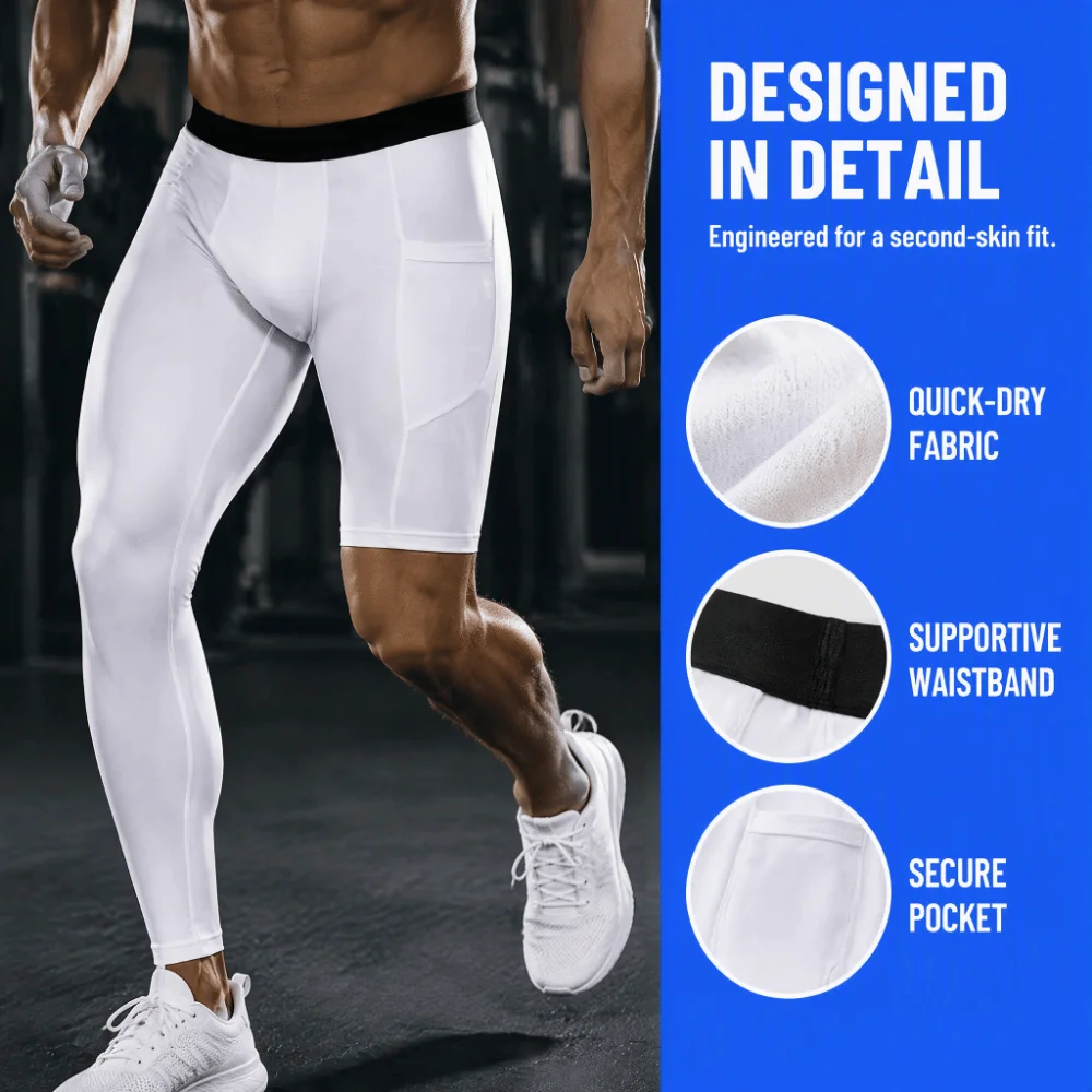 2pcs White Men's One Leg Compression Pants High Stretch Asymmetrical One Leg Compression Legging Side Pocket Polyester Spandex