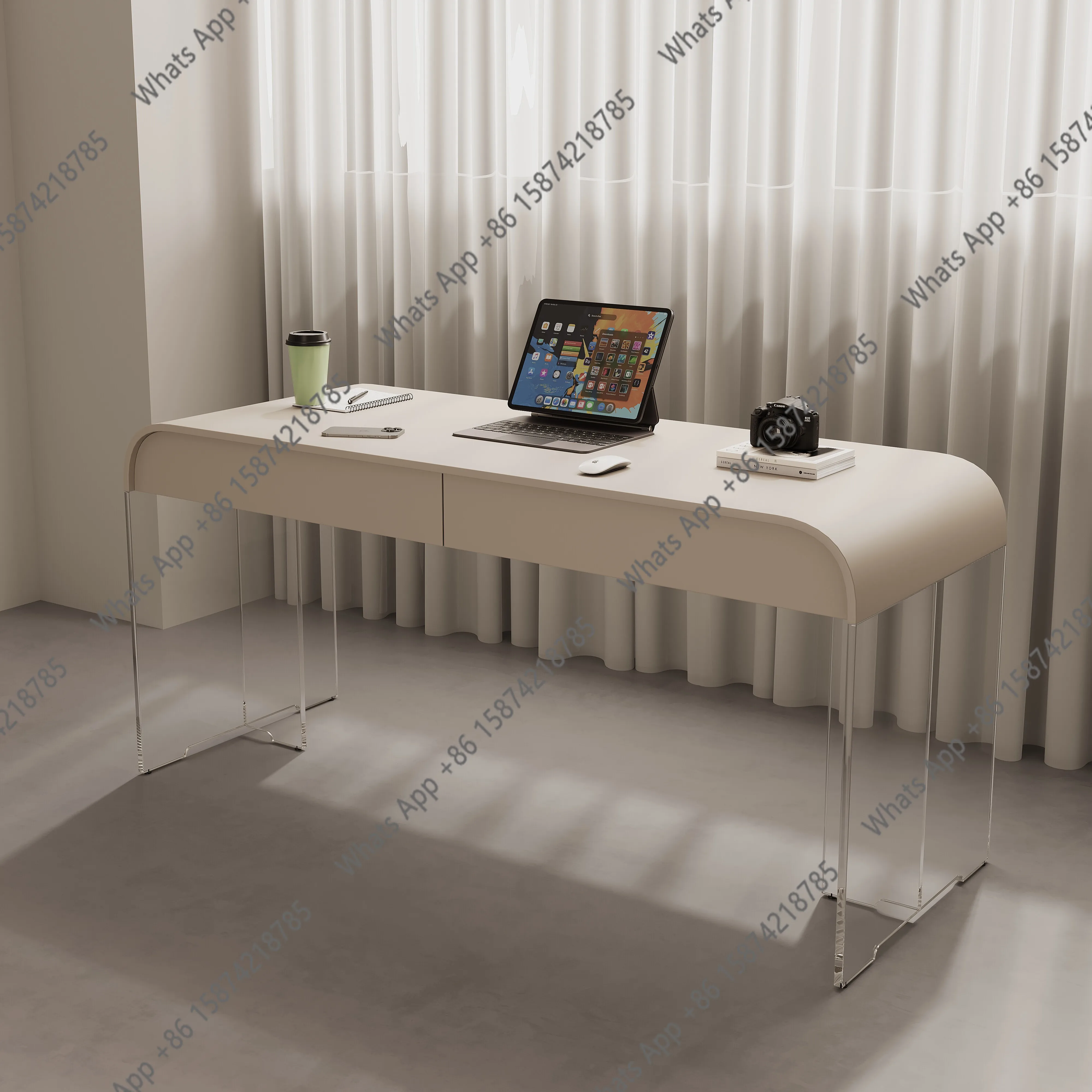 

Cream style desk light luxury modern acrylic suspension desk home study writing desk dresser integrated