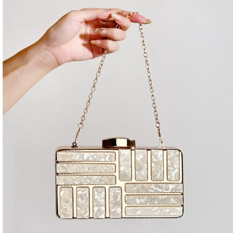 2024 New Acrylic Women Banquet Bag Designer Evening Handbags Fashion Shoulder Spliced Metal Small Square Bag