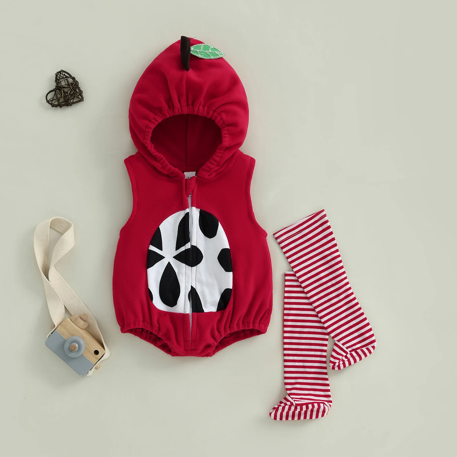 VISgogo Toddler Baby Apple Costume Sleeveless Hooded Jumpsuit with Striped Stockings Halloween Cosplay Clothes