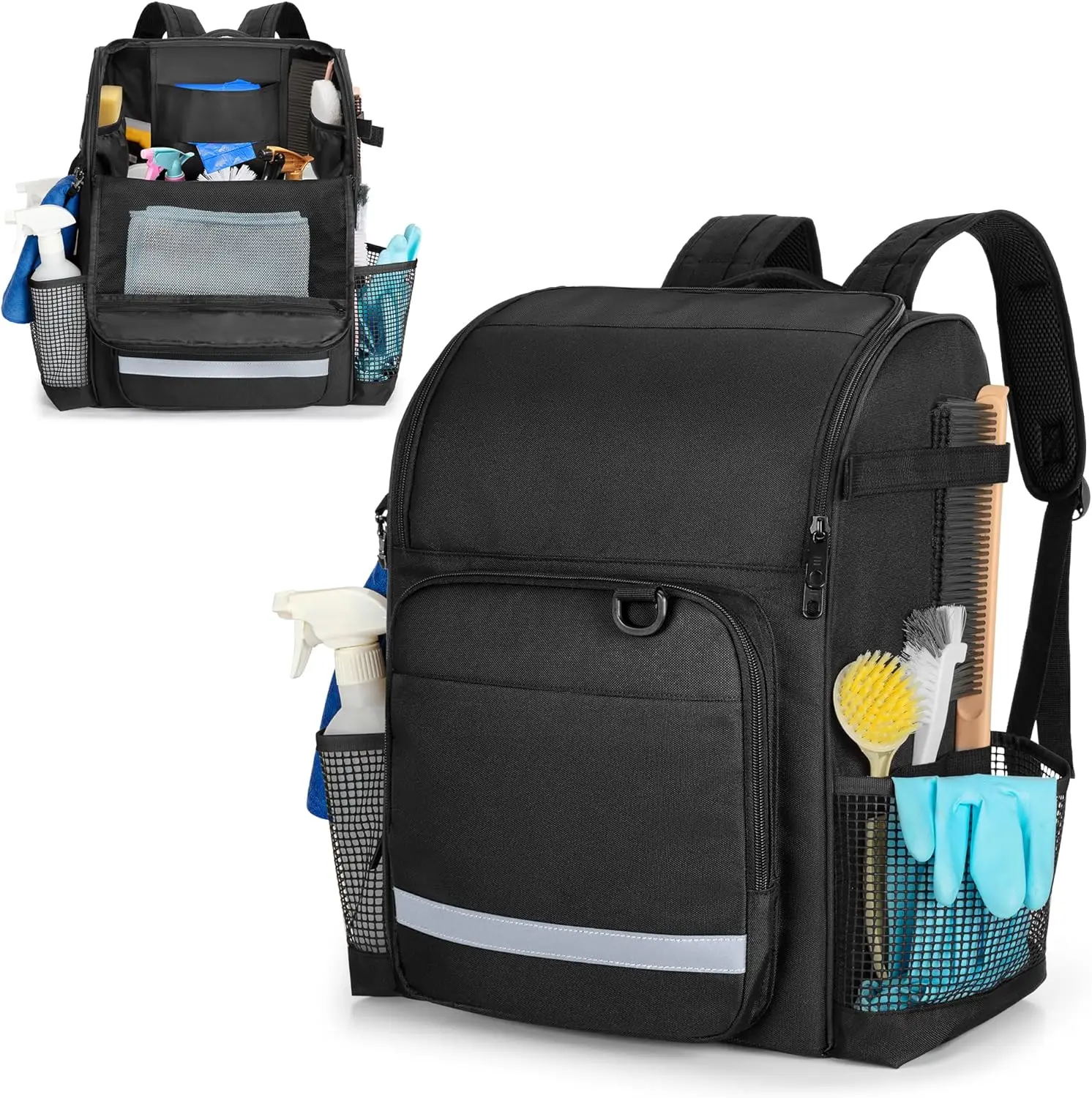 

Large Cleaning Caddy Organizer with Adjustable Straps, Multiple Pockets for Housework, Black Design