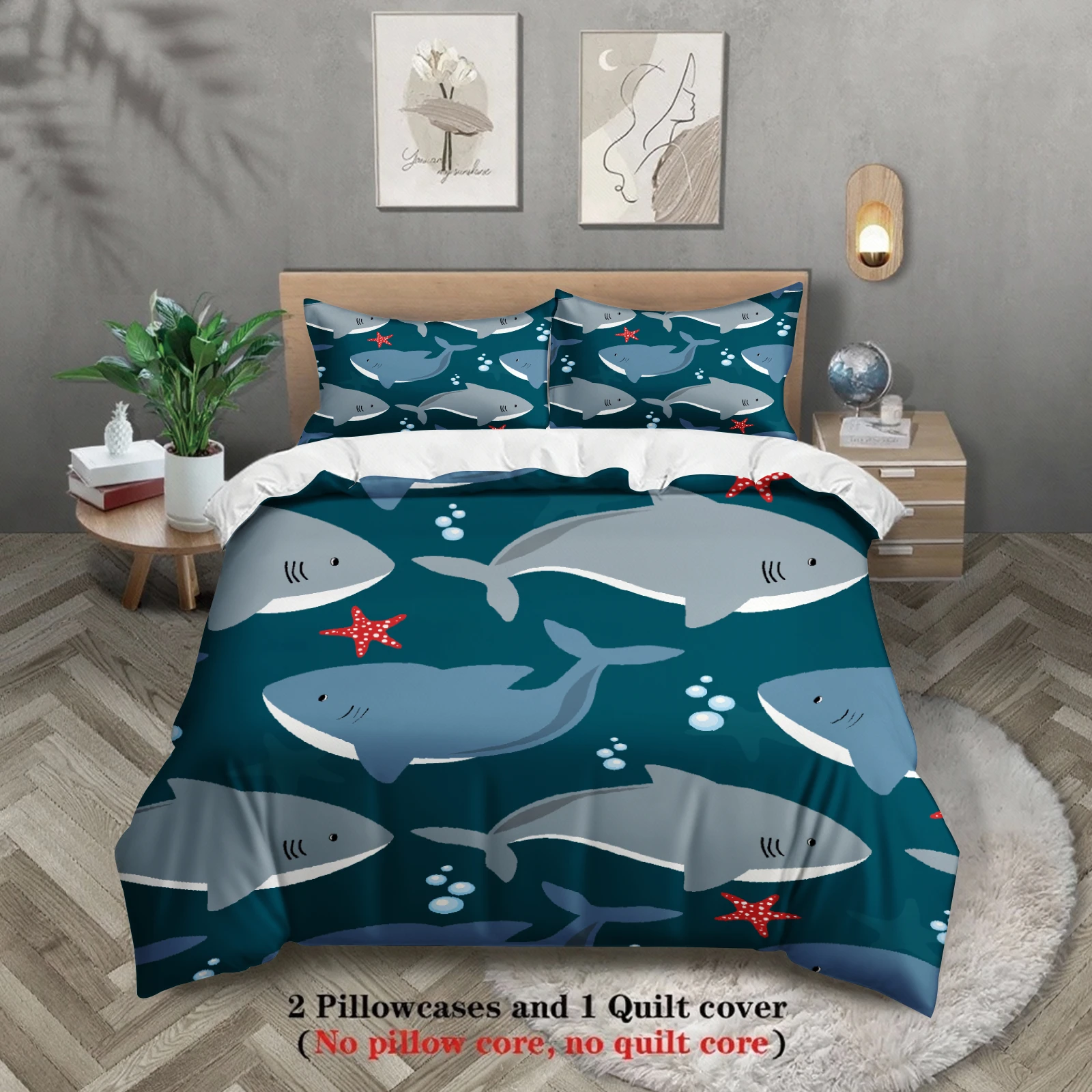 3pcs Whale Pattern Bedding Sets Minimalist Style Playful 3D Printed Ocean Theme Duvet Cover Sets With Pillowcases No Filling