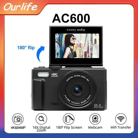 Ourlife AC600 컴팩트 디지털 사진 카메라 4K 18X 디지털 줌 빈티지 비디오 레코더 180 °   플립 스크린 카메라 WiFi 웹캠 Best5
