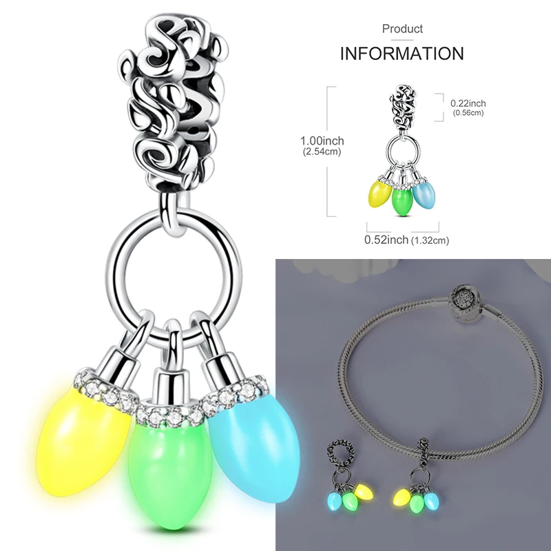 925 Sterling Silver Green Series Zircon Charms Bead Rose Luminous Light Bulb Pendants Fit Bangle Bracelet DIY Jewelry Marking