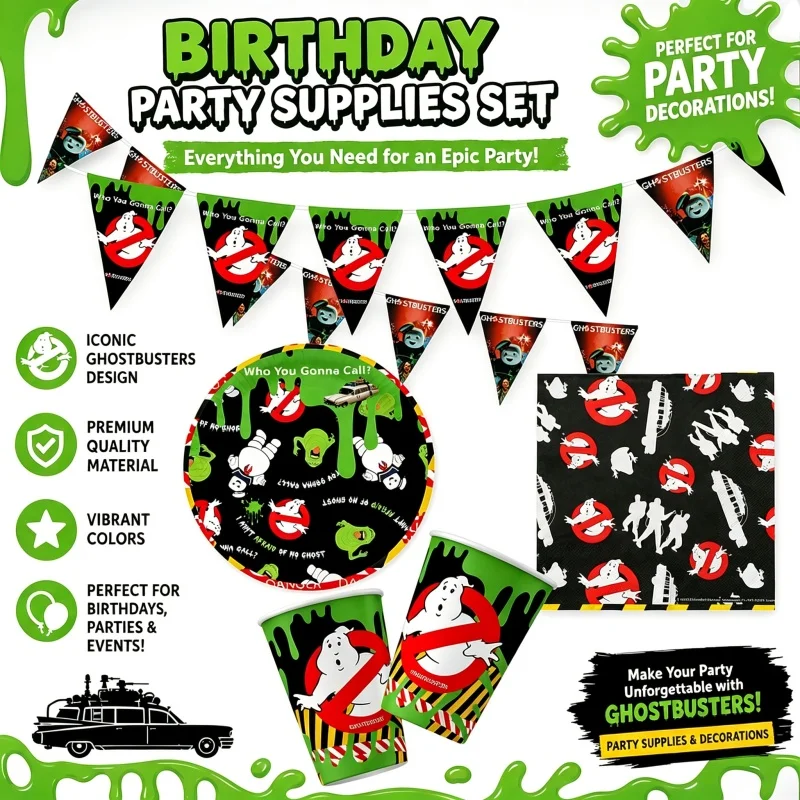Birthday Party Supplies Paper Cup Matching Plate Absorbent Napkin Spiral Honeycomb Spooky Ghostbustereding Pennant Banner