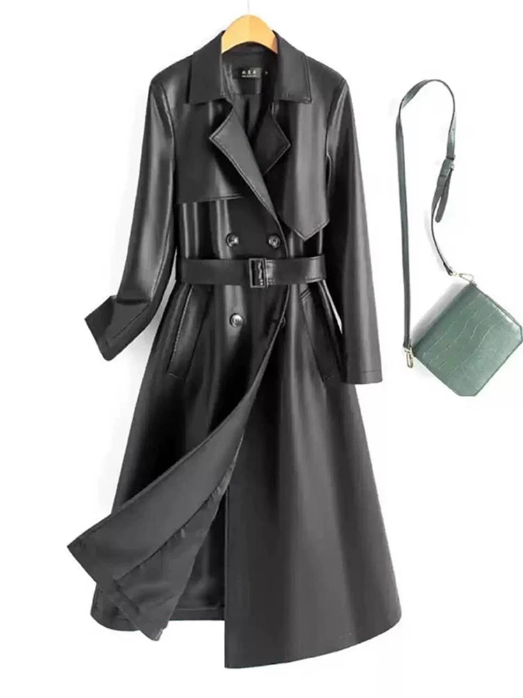 جديد نساء ربيع خريف جلد مقسم معطف موضة ياقة مطوية صدر مزدوج معطف جلدي أنيق معطف نسائي طويل