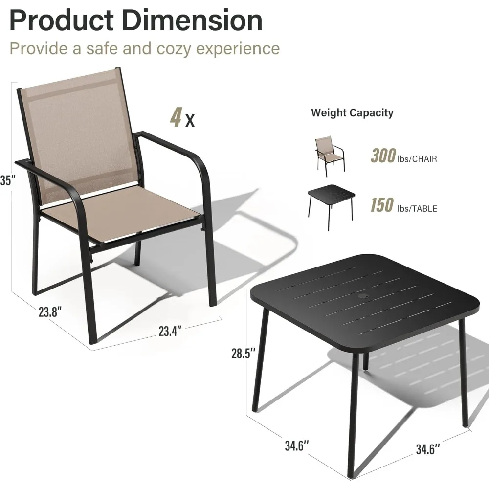 طقم طعام خارجي، طقم أثاث للفناء مع كراسي Textilene وطاولة معدنية مربعة، طقم طاولات وكراسي لجميع الأحوال الجوية #2