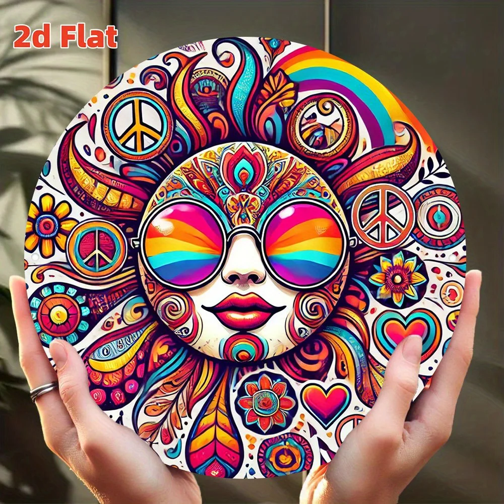 Psychedelic 1960s Retro Peace & Love Wall Art Metal Sign - 19.81cm Round Vibrant 60s Pop Art Decor with Peace Symbols,