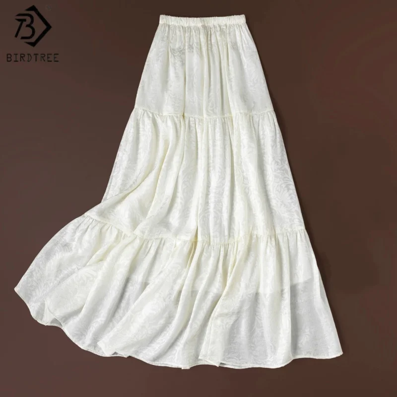 Birdtree, 100% Real Silk Jacquard Skirt, Elastic Waist, Double Layer, Women Floating Light Crepe Beige Skirts, 2026 New D66023JF