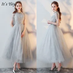 It's YiiYa Evening Dress Customized Gray O-Neck Short Sleeve Zipper back Women Party Formal Gown Plus size Robe de soiree LX430