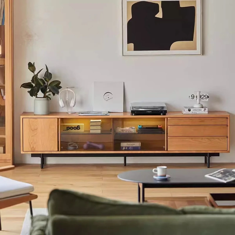 

Solid wood TV cabinet floor-to-ceiling narrow living room household small apartment Nordic cherry wood light luxury modern stora