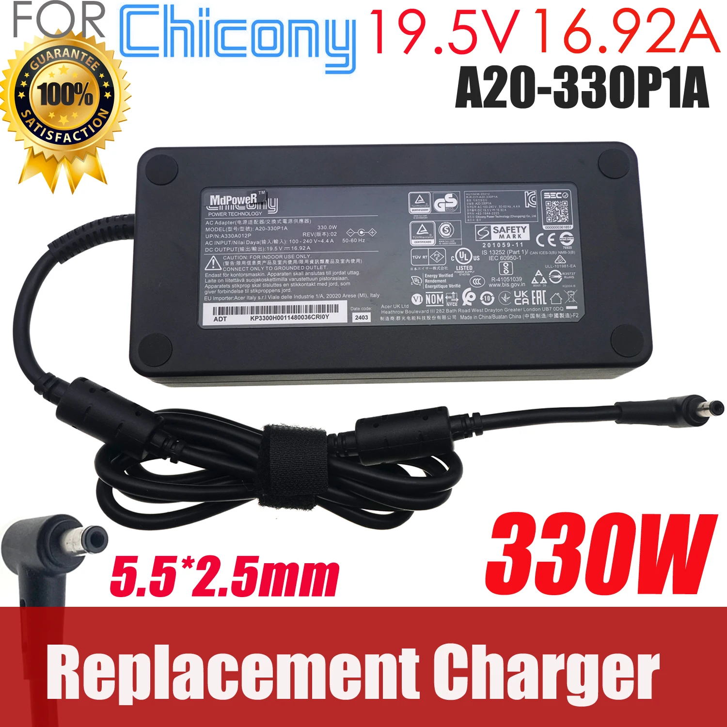 

330W Charger AC Adapter A20-330P1A for MSI X8ti X10ti ZX9 TX9 ZX10 X170K Laptop Power Supply ADP-330AB 19.5V 16.92A 5.5*2.5mm