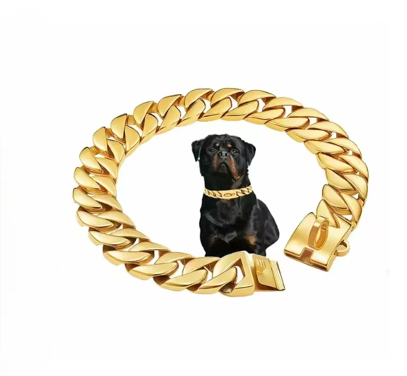 Bully Collar For Large Dog Choker 32mm Stainless Steel Gold Cuban Chain Large Dog Pitbull Bulldog Dogo Heavy Strong Pet Collar