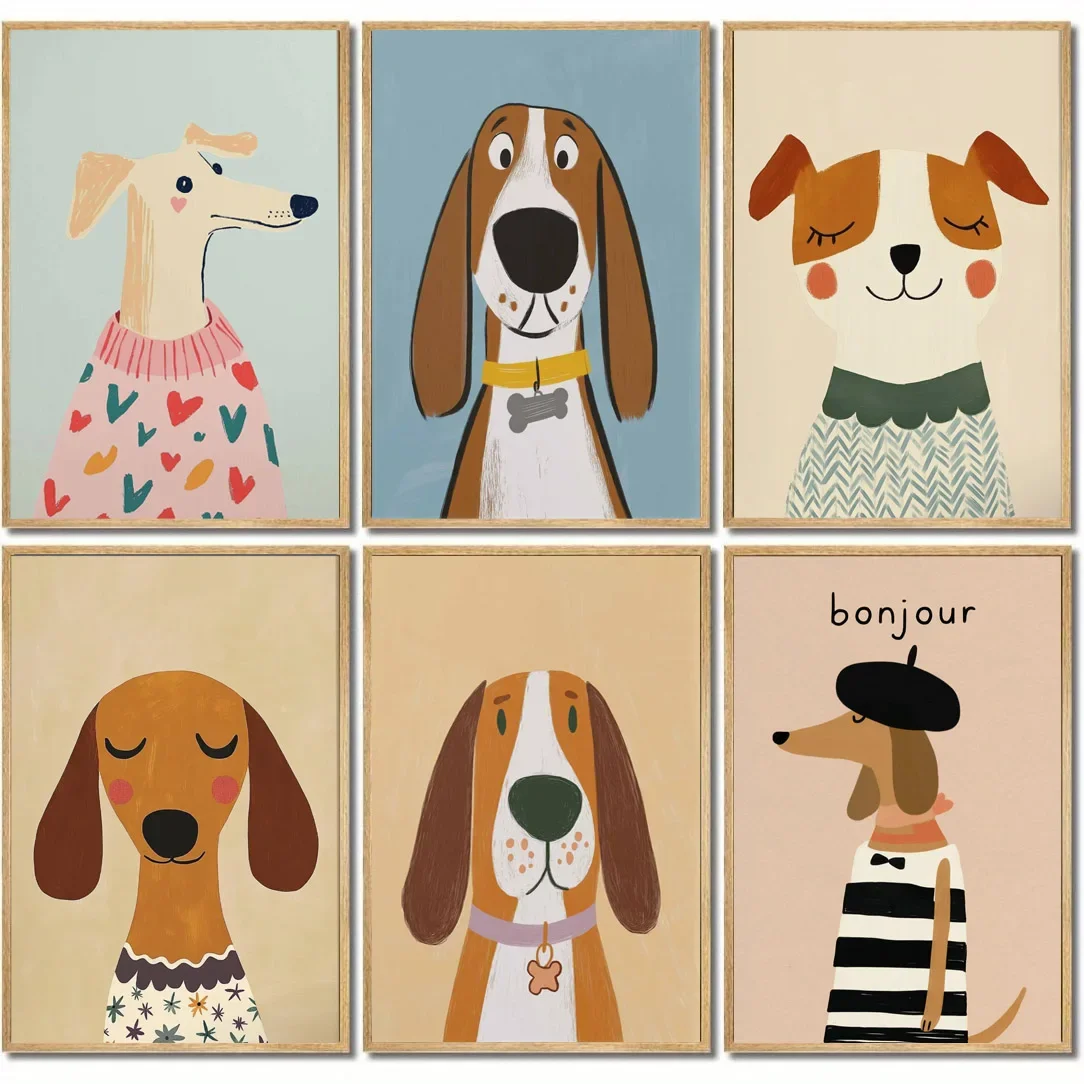 1pc frameless Canvas Painting Minimalist Dog Aesthetics Poster Dachshund Bagel Hound Whippet Poodle Modern Pet Portrait Illustra