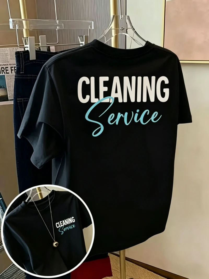 Cleaning Service Slogan Graphic T-Shirt - Front & Back Printed Crew Neck Short Sleeve Men Women Unisex Casual Tops Streetwear