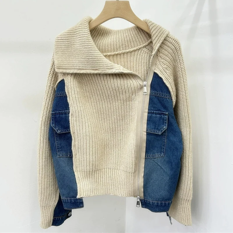 KBQ Colorblock Spliced Raw Denim Sweaters For Women Lapel Long Sleeve Spliced Zipper Temperament Sweater Female Fashion Winter