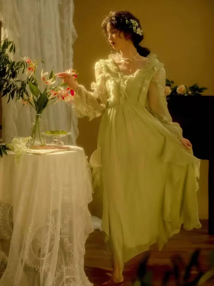 

Зеленое кружевное платье в винтажном стиле масляной живописи для фотосессий, костюм беглой принцессы, женская модная одежда, традиционный сценический костюм