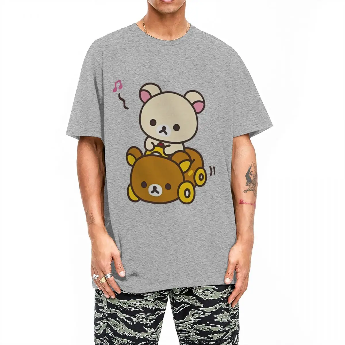 Ullzang Car Drive Rilakkuma T-Shirt Men Round Neck Short Sleeve Clothing 100%Cotton Top Tee