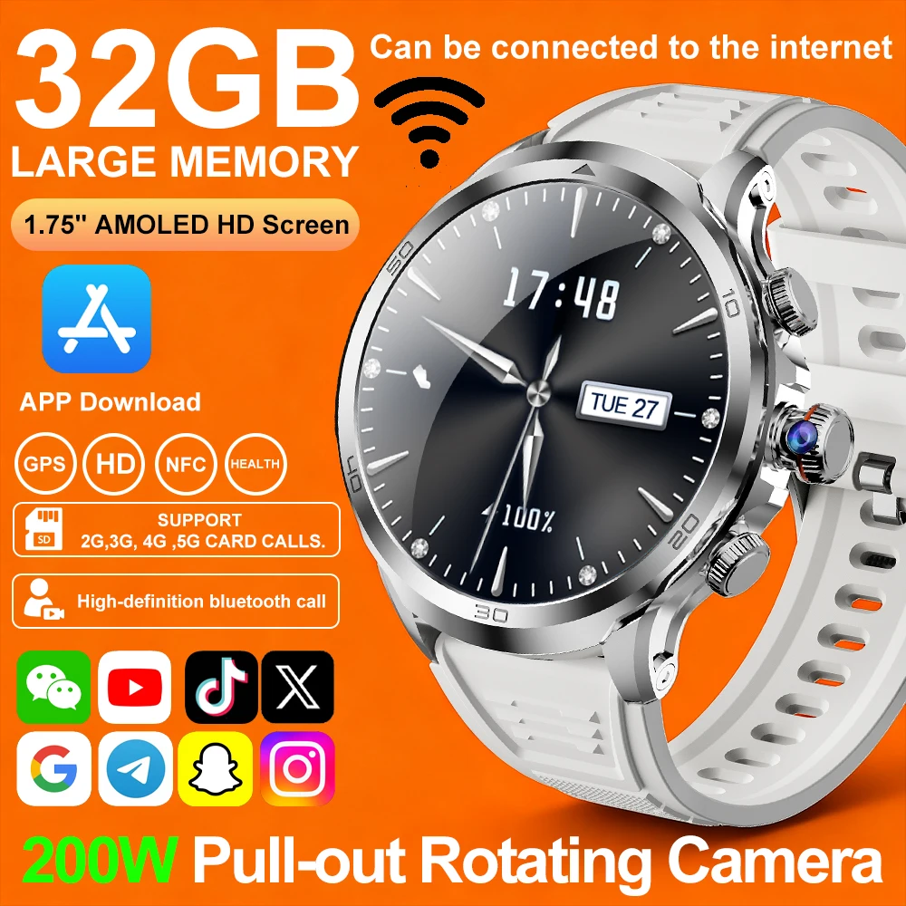 

2025 4G SIM Card Smart Watch Card 1.75''AMOLED Global Call Google Play Download APP 190° Pull Out Camera GPS WIFI Men Smartwatch
