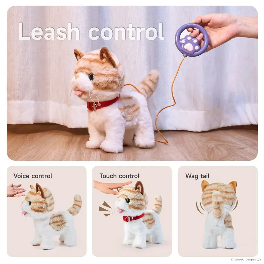 O TU-gato de juguete que camina con correa de Control remoto, juguetes interactivos electrónicos de peluche para mascotas para niños, cola Wag, canto, Pret