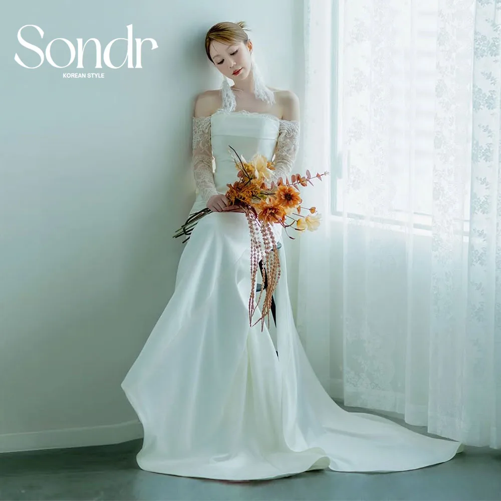 Sondr Customized New Elegant Japanese Wedding Dresses Boat Neck Lace Long Sleeves Court Train Bridal Wedding Photo Shoot Gown