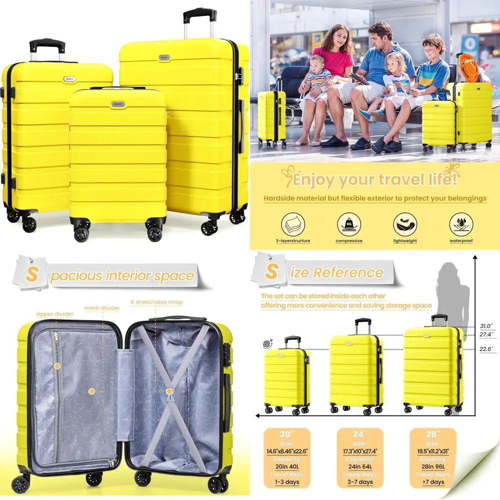 

Lightweight ABS Hardshell 3-Piece Luggage Set with 4 Spinner Wheels, TSA Lock for Travel Suitcases 20