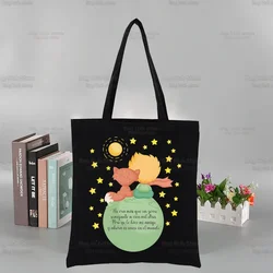 Little Prince Cartoon Black Art Canvas Bag Totes Print Fox Animal Fairy Tale Shopping Bags Girls Principito Casual Hand bag