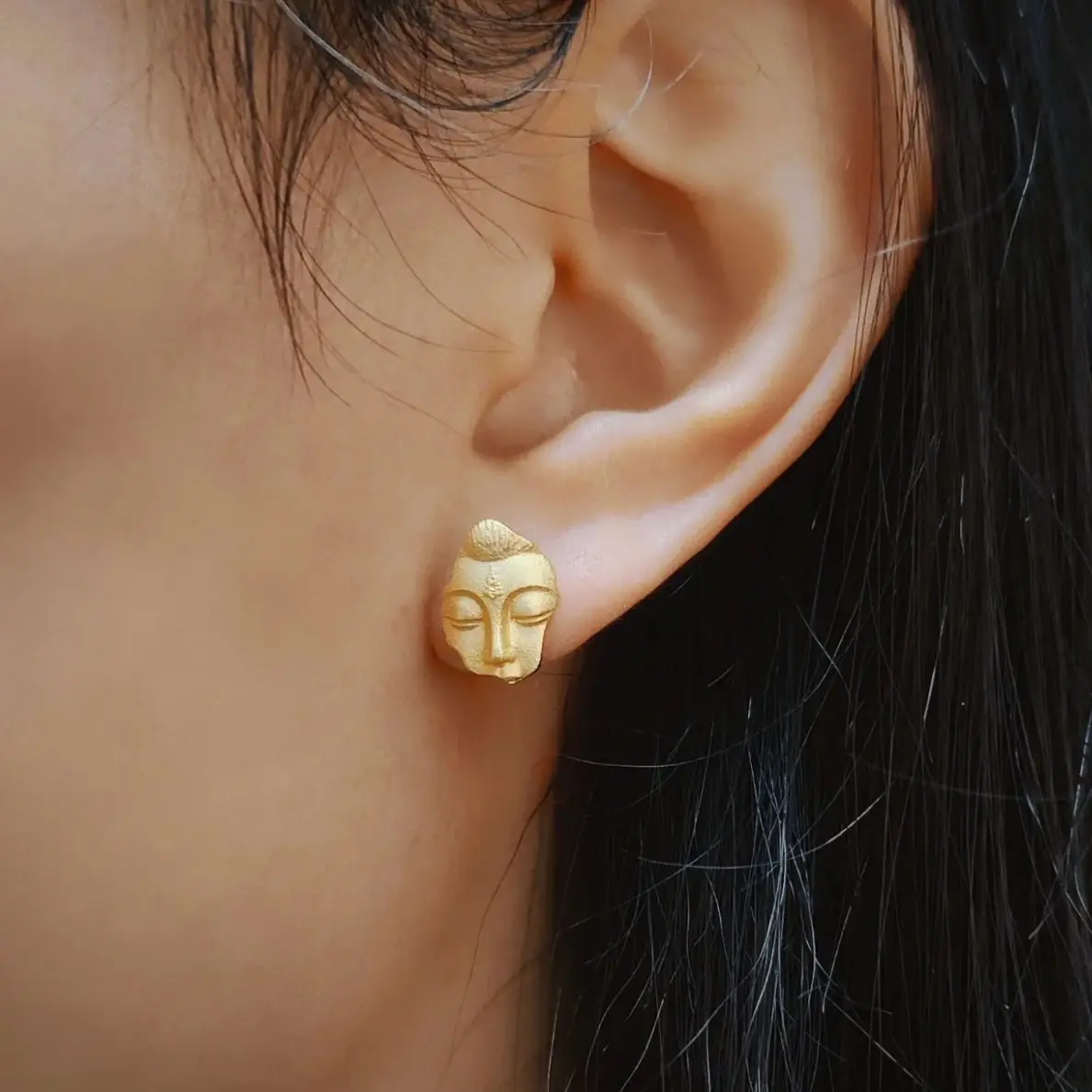 New Chinese Style Matte Gold Color Broken Buddha Face Earrings UNISEX Guardian Deity Buddhist Earring