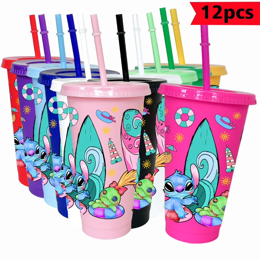 

12Pcs/pack Disney Stitch Beach 26oz Colored Plastic Tumbler Birthday Party Drinking Utensils Juice Coffee Mug