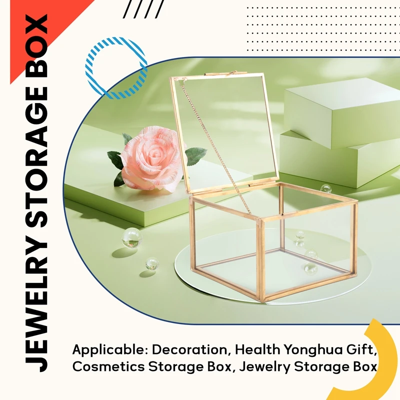 Square Opening Glass Geometry Garden Jewelry Boxs Mirror Jewelry Storage Box Eternal Flower Decoration Box Crafts-A13G