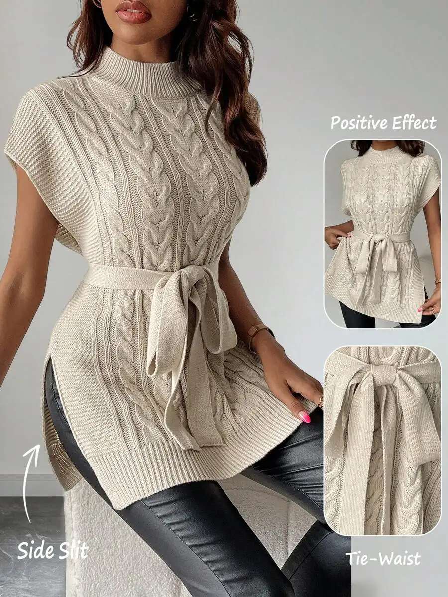 

Кремовый вязаный жилет без рукавов с завязками на талии и боковыми разрезами