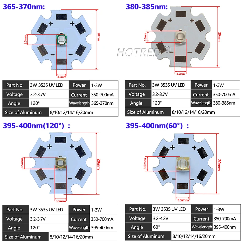 UV LED 1W 3W XPE 3535 High Power Chip Light Beads Ultra Violet Purple Diode 365nm 370nm 385nm 395nm 400nm 410nm 430nm 440nm DIY