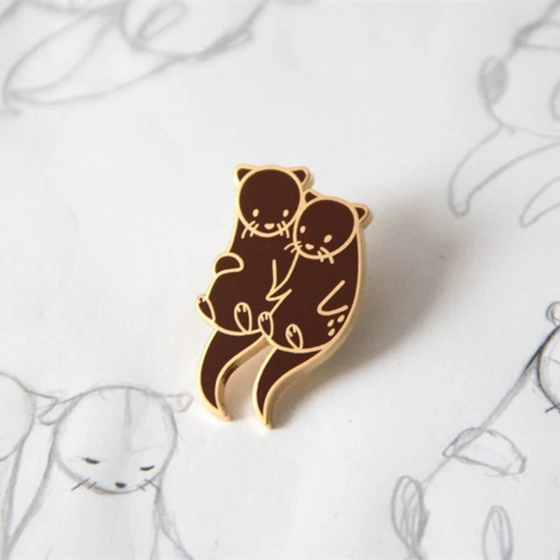 Otters Holding Hands Enamel Lapel Pin Animal Metal Badge Brooch for Jewelry Accessory