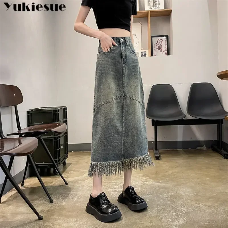 Y2k Skirt Korean Fashion New Long Skirt Women High Waisted Vintage Tassel Patchwork Slit Leg Denim Skirts Summer New A-line Slim