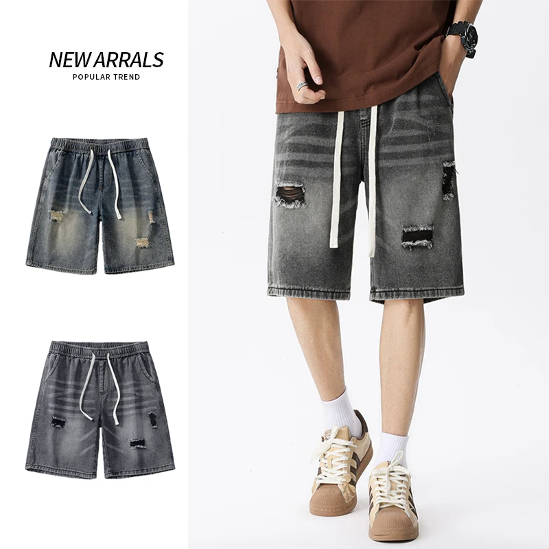 Summer Thin Vintage Denim Shorts Men Elastic Waist Ripped Loose Straight Fashion Hole Wide Short Jeans Streetwear