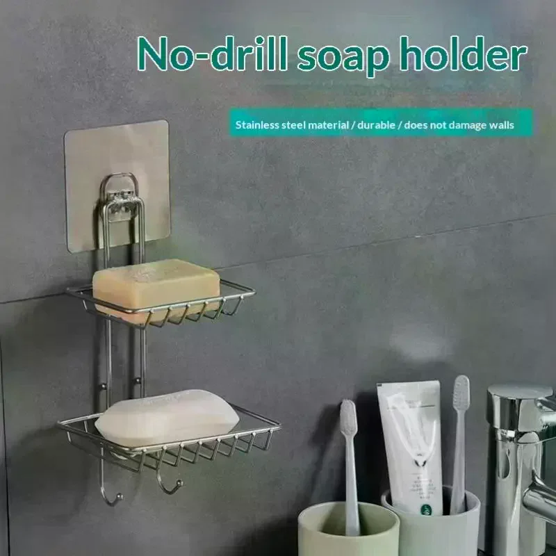 1 Pc Stainless Steel Double Tier Draining Soap Dish No Drill Wall Mounted Rack for Bathroom Kitchen Shower Storage Organizer view 3
