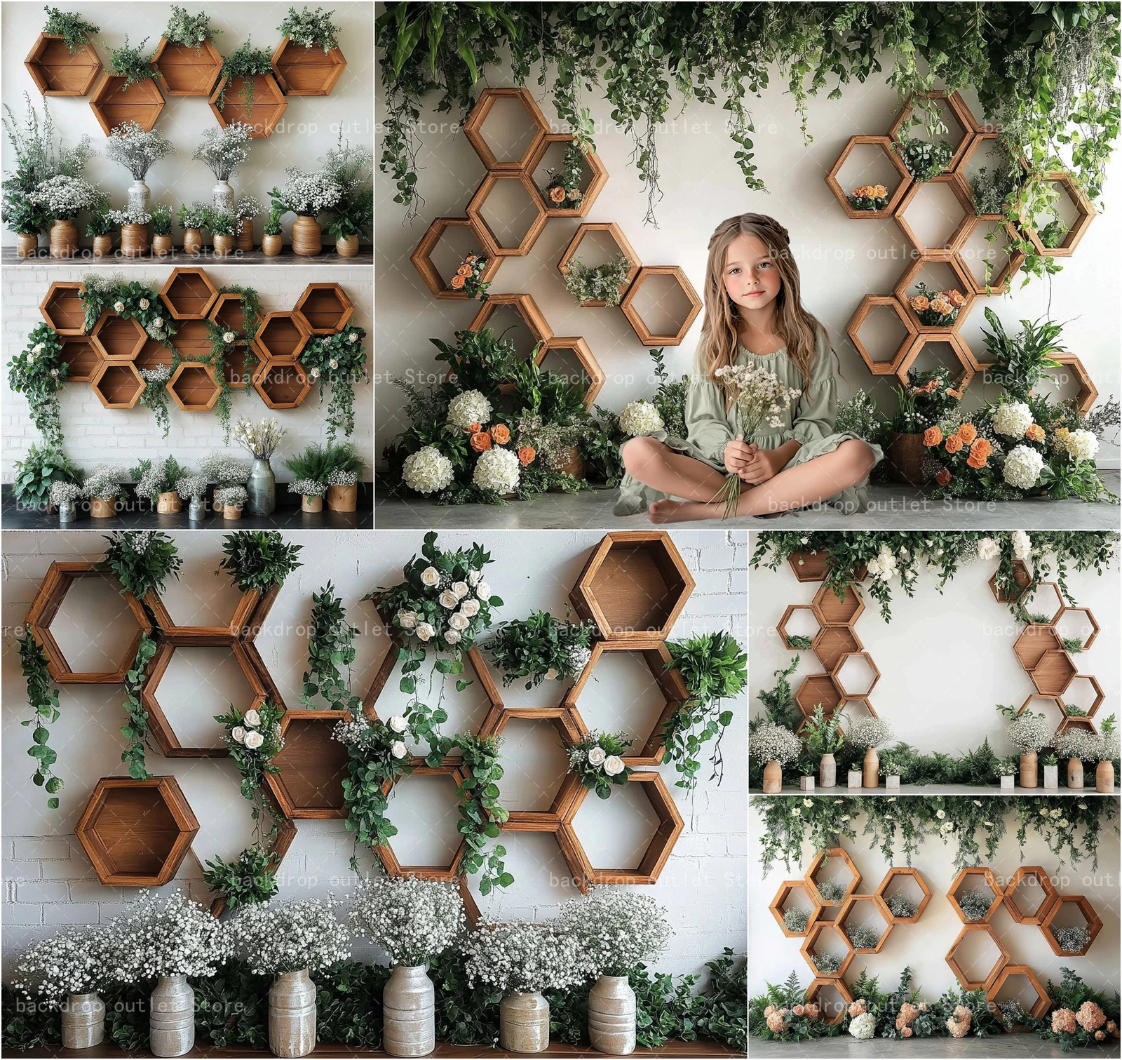 Mehofond Wooden Hexagon Shelves Photo Backdrop Family Kids Baby Photocall Cake Smash Birthday Photography Background Prop