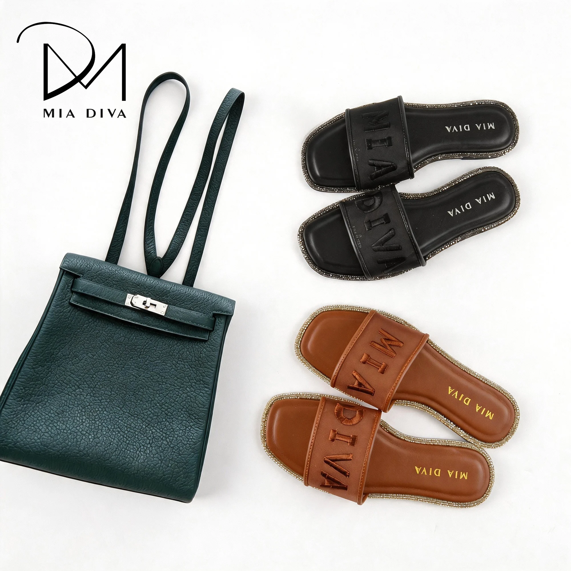 

2026 New Summer Mesh Letter Slippers for Women, Flat-Soled Slip-Ons for Outdoor Wear, Breathable Sandals with Rhinestone Edges, Mia Diva