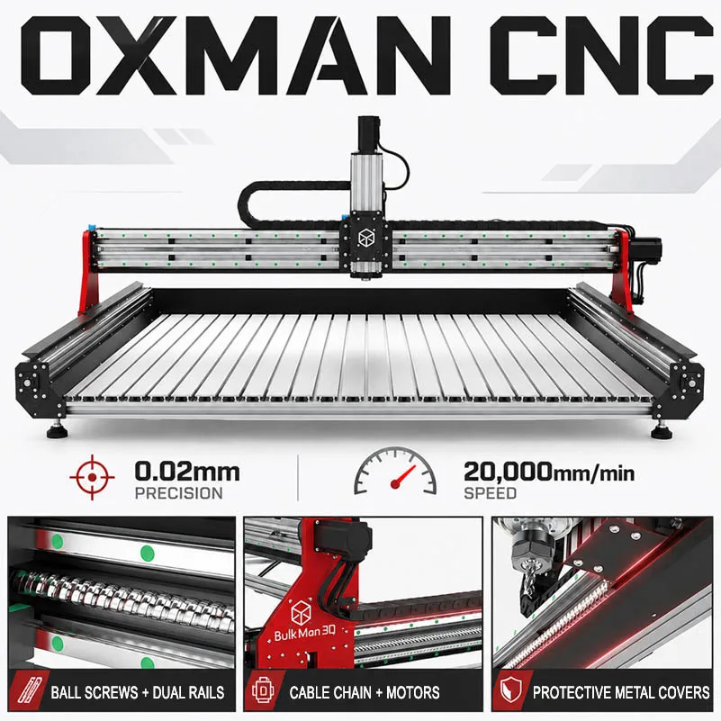 BulkMan3D OXMAN 4-Axis CNC Router Machine Ball Screw Dual Linear Rails High-Speed Engraver for Wood Aluminum Metal Acrylic PCB