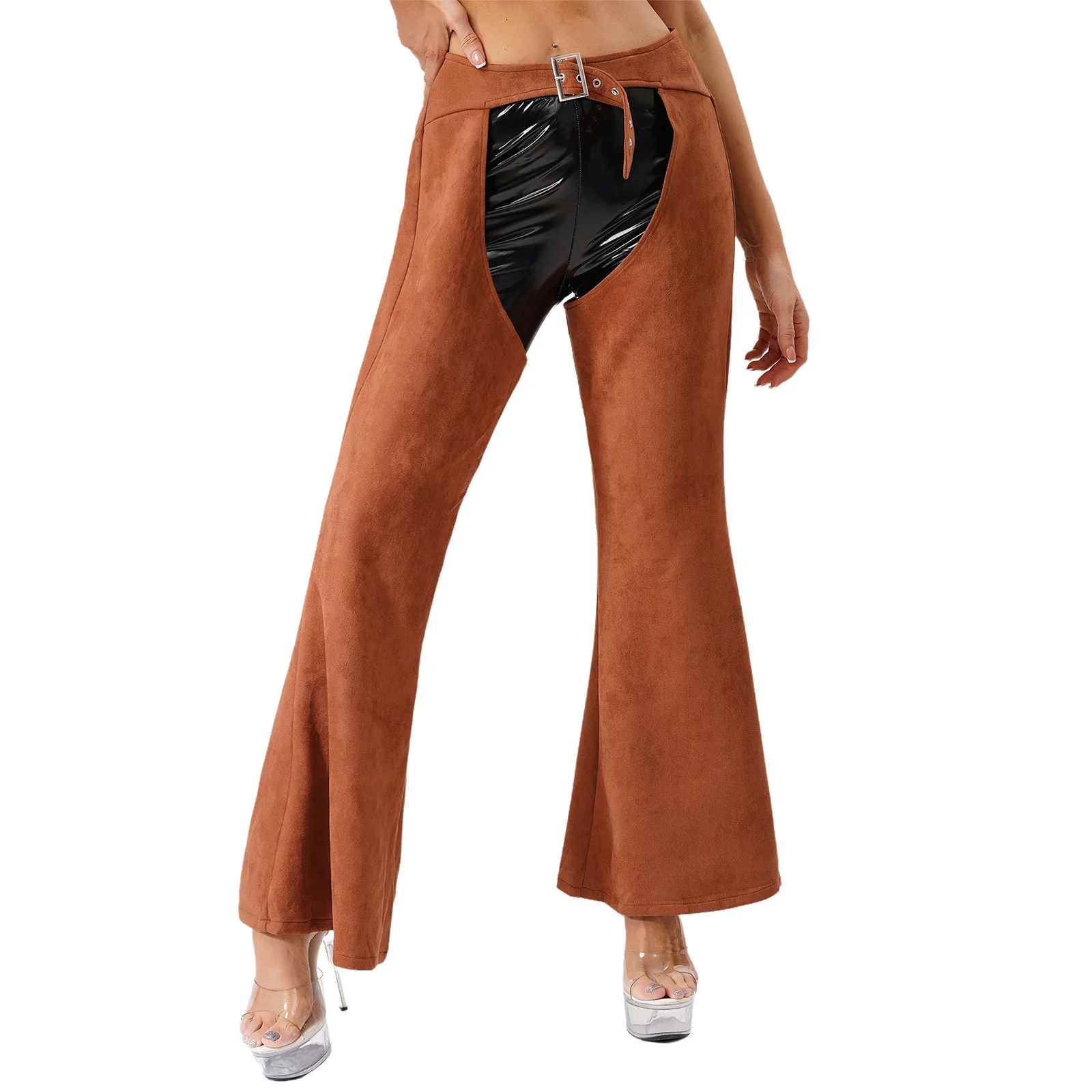 Womens Vintage Western Cowgirl Chaps Pants Adjustable Waist Hollow Out Cowboy Biker Pants Wide Leg Long Pants for Motorcycle