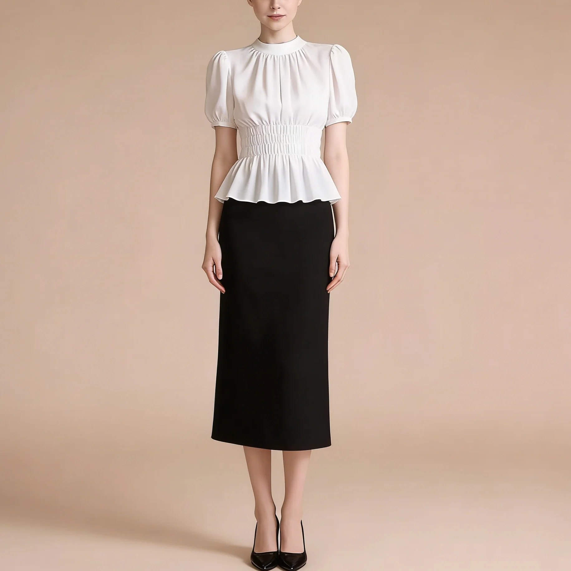 

CiCi 2026 Women Top Stand Collar Short Puffed Sleeve Smocked Waist Peplum Hem Fitted Silhouette Elegant Office Wear