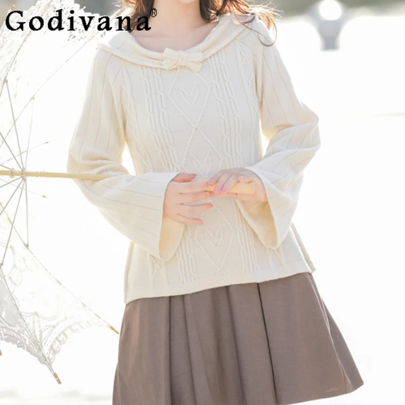 

Spring Autumn Fashion Off-the-shoulder Women Flare Sleeve Sweater Elegant Versatile Age Reduction Sweet Slash Neck Knitted Top