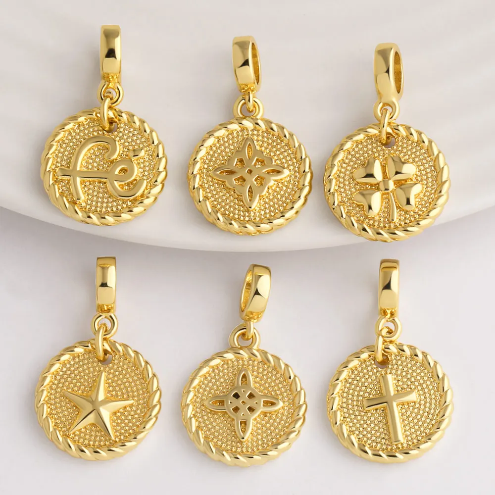 OCESRIO Gold Plated Brass Lucky FE Star Symbol Coin Pendant for Necklace Making Vintage Round DIY Jewelry Accessories pdtb887