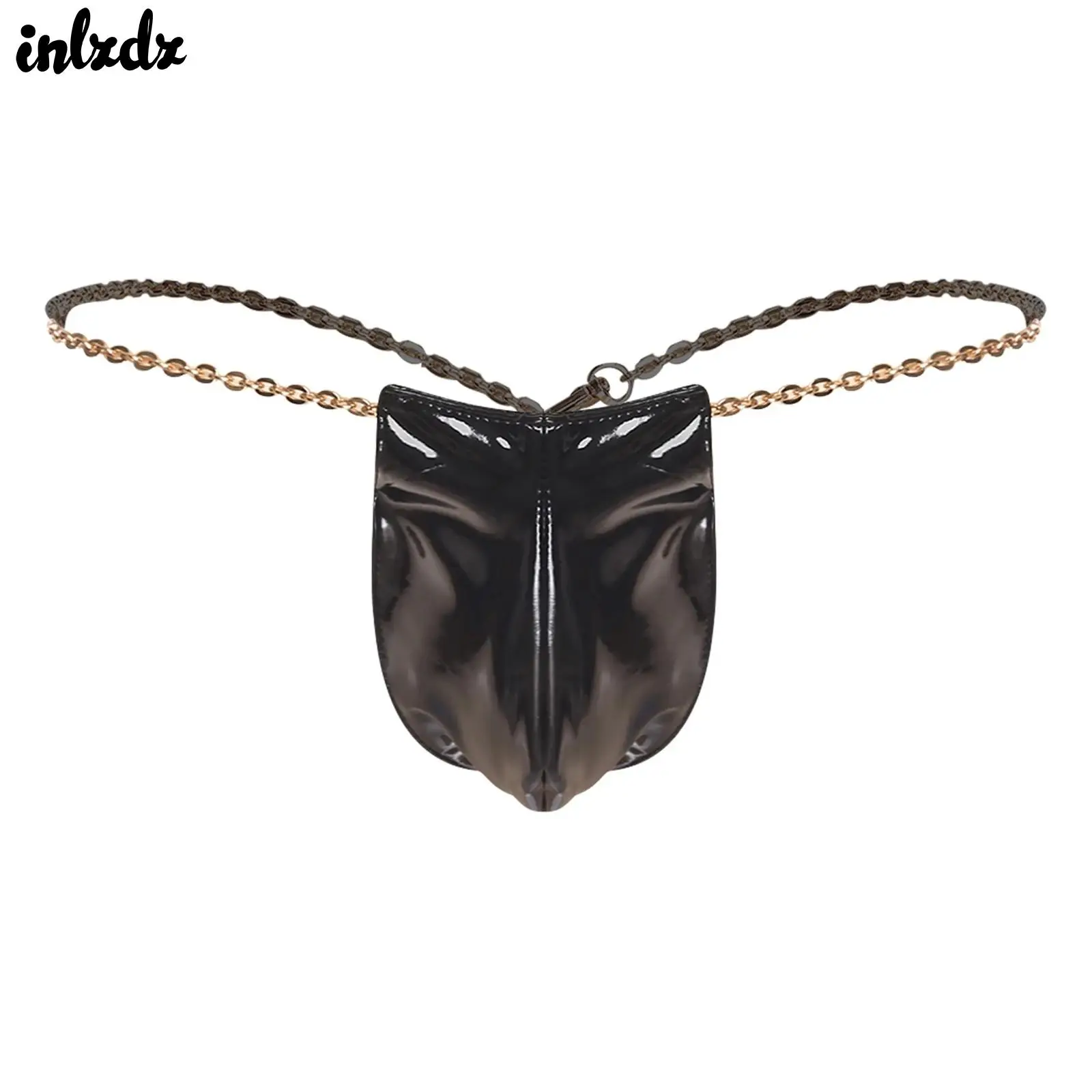 

Mens Glossy PU Bulge Pouch Micro Briefs Underwear Low Rise Sexy Thong Metal Chain Waist Lingerie Nightclub Raves Party Panties